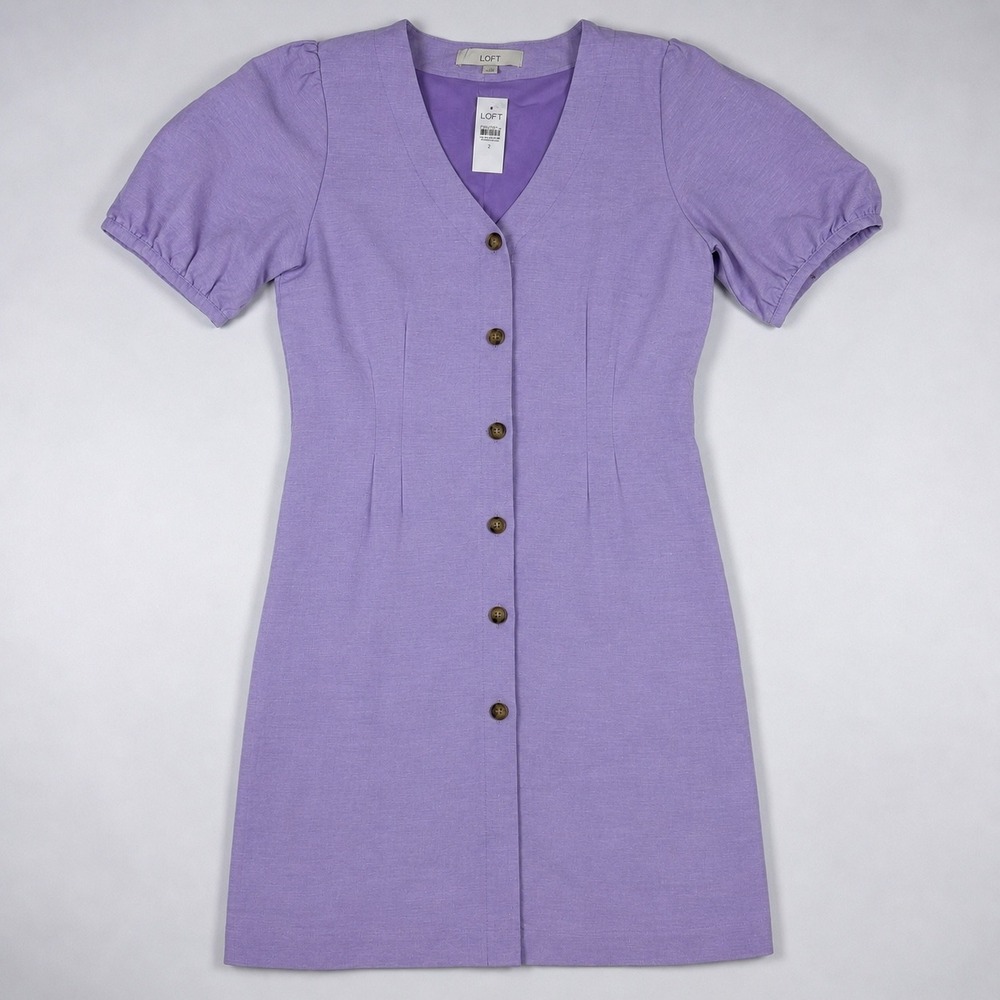 LOFT Button Front Dress‎ Womens 2 Lavender Purple Linen Blend Puff Sleeve V-Neck